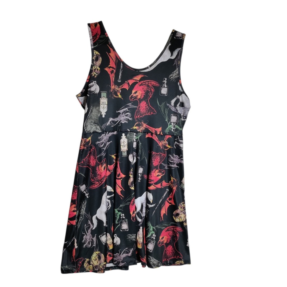 Magical Creatures Black Mini Dress with Multi-Color Graphic Print - Picture 2 of 6